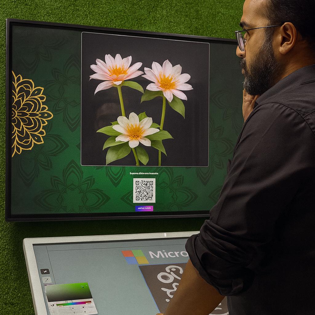 Guest using interactive screen for real-time AI painting at Dubai event, creating digital artwork with immersive technology experience by Mirror Booth Dubai